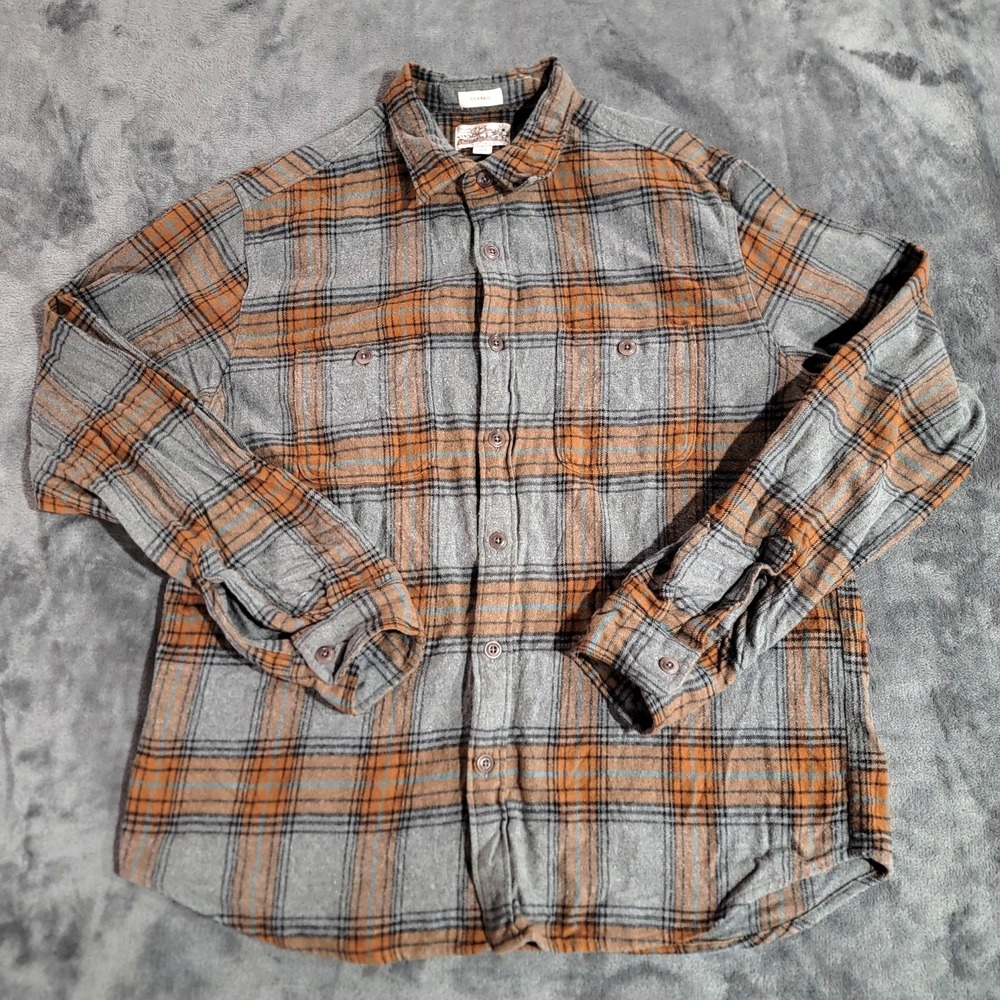 J.Crew Flannel Shirt Men LRG Gray Plaid Midweight Double Brushed Classic Outdoor